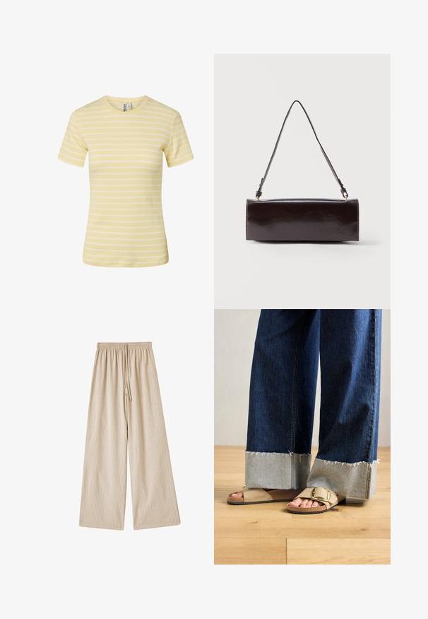 Gul og hvid vandret stribet kortærmet ribstrikket T-shirt med rund halsudskæring og en figurnær silhuet.; Beige brede bukser med elastisk talje og snor, der har lodrette hvide striber og en glat stoftekstur.; Fødder iført beige Birkenstock-sandaler med guldspænder, parret med mørkeblå denimjeans, der er rullet op ved manchetten, stående på trægulv.; Rektangulær sort læderhåndtaske med en enkelt lang rem og blank finish, vist mod en ensfarvet hvid baggrund.