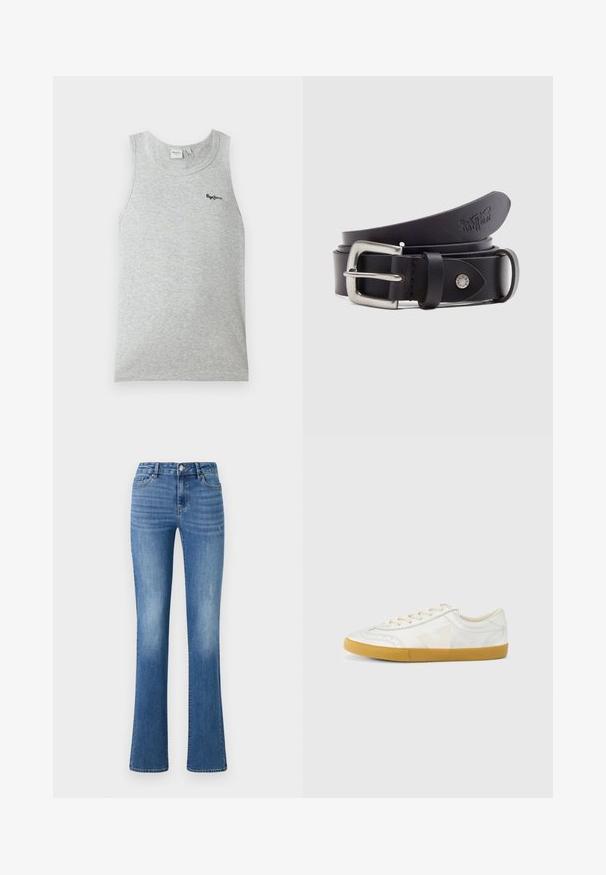 Lichtgrijs mouwloos geribd tanktopje met ronde hals en klein zwart "Pepe Jeans"-logo links boven op de borst.; ONLY ONLWAUW MID WAIST - Slim fit jeans - medium blue denim; Witte leren sneaker met een gladde textuur, voorzien van een beige 'V' logo, ronde neus, vetersluiting en een zool van gumrubber.; Zwarte leren riem met een zilveren metalen gesp, een drukknop voor aanpassing en reliëfdetails op het leer. Overal een gladde textuur.