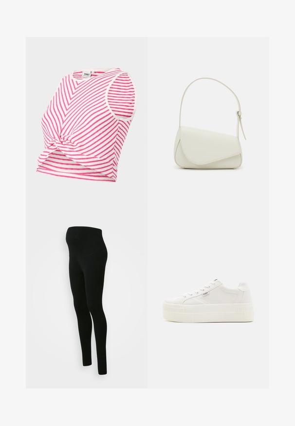 Top corto a rayas en rosa y blanco. Presenta un escote redondo, diseño sin mangas y un detalle de nudo en la parte delantera del dobladillo.; Leggings de maternidad negros con una cinturilla alta y de soporte, textura suave, diseño ajustado y sin patrones ni adornos visibles.; Zapatillas de lona blancas con una parte superior texturizada, diseño de cordones, suela de plataforma y un mínimo logo en el lateral.; Bolso de mano de imitación cuero blanco con una forma triangular estructurada, correa ajustable única y cierre con solapa acentuada en curva.