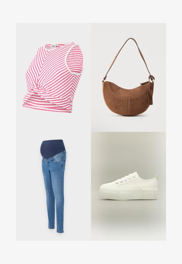 Stripet crop top i pink og hvid. Har en rund halsudskæring, ærmeløs design og en knudedetalje foran ved kanten.; Graviditetsjeans med en blå elastisk talje og slim-fit ben, lavet af lys blå denim med lidt falmning og standard baglommer.; Hvid platform sneaker med tyk struktureret sål, snørelukning foran og subtile syningsdetaljer på en neutral baggrund.; Brun ruskinds håndtaske med en buet, halvmåneformet silhuet. Har en skulderrem, et lille mærke og synlige sømme langs kanterne.