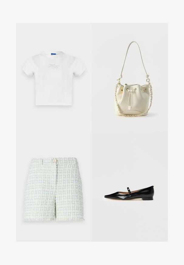 Hvid bomulds T-shirt med korte ærmer og rund halsudskæring med "HUGO" i rhinsten på forsiden. Enkel, afslappet design.; Tweed shorts i lyseblå og bleg gul med et struktureret rutemønster. Har en frontknaplukning og en skræddersyet pasform.; Sorte patenterede læder Mary Jane flade sko med spids tå, én rem og lav hæl på ensfarvet baggrund.; Hvid læder bucket-taske med snørelukning, flettet kæde og læder skulderrem samt guldfarvede øjer.