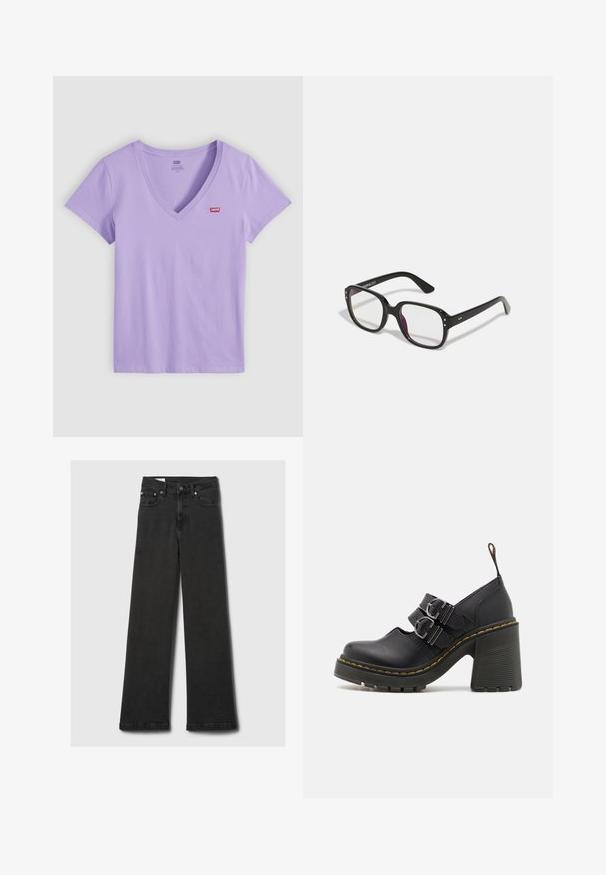 Lila T-shirt met korte mouwen en V-hals met een kleine rode Levi's-logo patch op de linkerbovenkant, weergegeven op een witte achtergrond.; Zwarte high-waisted straight-leg jeans met vijf zakken en koperen klinknagels, plat gelegd op een lichtgrijze achtergrond.; Zwarte hoge hakken met een gestructureerde zool, voorzien van twee zilveren gespen, gele stiksels en een lus aan de achterkant voor gemakkelijk aan- en uittrekken.; Zwarte rechthoekige bril met heldere lenzen, voorzien van afgeronde randen en zijaccenten, met een glanzende afwerking van het montuur en de pootjes.