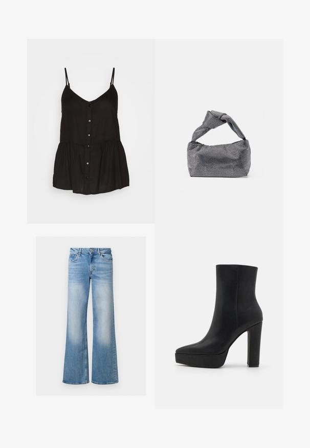 Pieces PCTALA SLIP - Top - black; Hellblaue Jeans im Schlag, mit verblasster Textur, hohem Bund und fünf Taschen, ausgestattet mit einem Knopf- und Reißverschluss.; Schwarzer Knöchelstiefel aus strukturiertem Leder, mit spitzer Zehenpartie, einer massiven Plateau-Sohle und einem hohen Blockabsatz. Glatte Oberfläche, minimalistische Details.; Schwarz-silberne Handtasche mit einer strukturierten Oberfläche, die ein Diamantmuster aufweist, einem geknoteten Griff und einer strukturierten Form.