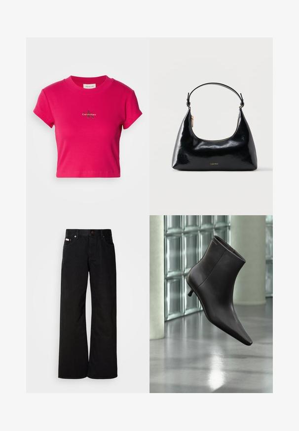 Lys pink cropped t-shirt med korte ærmer, der har et lille Calvin Klein-logo i midten. Ren hvid baggrund for at fremhæve.; Sorte breddebenede jeans lavet af bomuld. Har forlommer, en knaplukning og en klassisk denimtekstur. Minimalistisk design uden mønstre.; Sort læderankelstøvle med spids tå og lille hæl vist mod en væg af glasblokke og poleret gulv baggrund.; Sort blank Calvin Klein håndtaske med gyldent lynlås og kort rem mod en ensfarvet hvid baggrund.