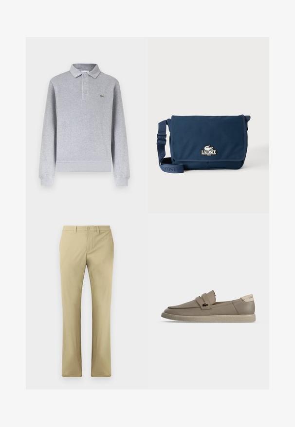 Polo à manches longues gris clair avec poignets côtelés, trois boutons au col et un petit logo crocodile vert sur la poitrine gauche.; Pantalons beiges avec une coupe à l'avant plate, fermeture à bouton et jambe droite. Fabriqués en tissu lisse avec des coutures minimales visibles.; Mocassin beige en cuir sans lacets avec semelle texturée, deux brides sur le dessus et petit logo crocodile sur le côté.; Sac messager Lacoste bleu marine avec bandoulière réglable et écusson logo sur le rabat avant, sur un fond clair uni.