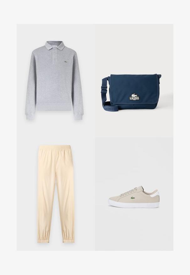 Polo à manches longues gris clair avec poignets côtelés, trois boutons au col et un petit logo crocodile vert sur la poitrine gauche.; Pantalon beige clair à taille élastique avec poignets froncés, coupe droite et tissu lisse, présenté sur un fond clair uni.; Baskets synthétiques beiges à bout rond, semelle en caoutchouc blanche, et design à lacets. Dotées d'un logo Lacoste vert sur le côté et d'un accent de talon contrastant.; Sac messager Lacoste bleu marine avec bandoulière réglable et écusson logo sur le rabat avant, sur un fond clair uni.