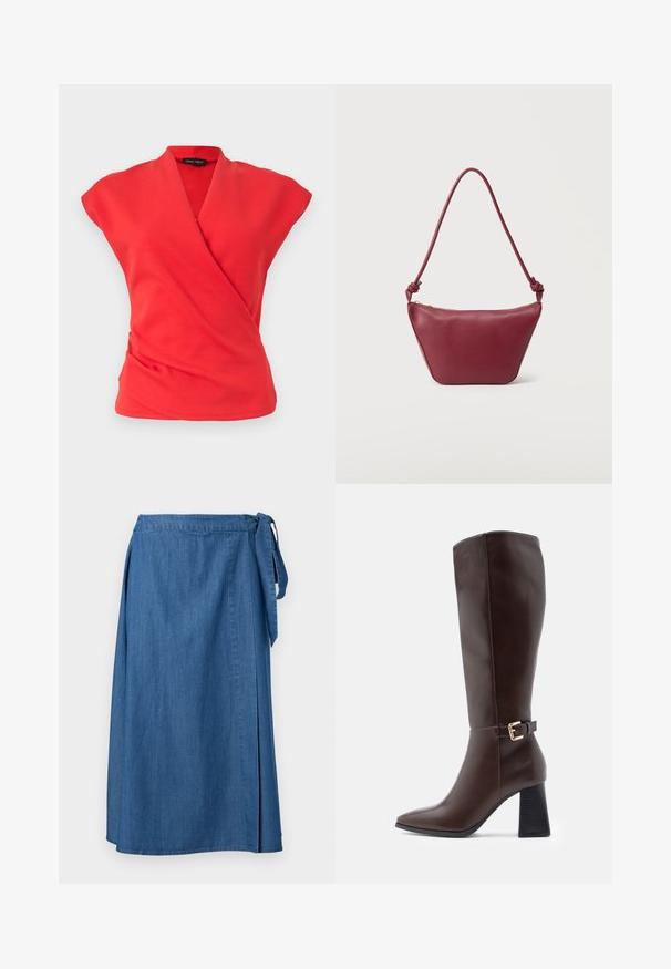 Haut cache-cœur sans manches rouge avec col en V et tissu légèrement froncé à la taille, présenté sur un fond clair uni.; Jupe portefeuille en denim bleu avec fermeture à nouer sur le côté, longueur du genou au milieu du mollet, présentée sur un fond blanc uni.; Bottines en cuir marron, montantes au genou, avec un bout pointu, un talon bloc et un accent en boucle dorée sur le côté. Texture lisse et design élégant.; Petit sac à bandoulière en cuir marron foncé avec bandoulière nouée et fermeture éclair supérieure, sur un fond clair uni.
