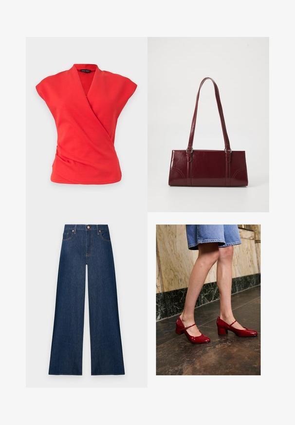 Rode mouwloze overslagtop met V-hals en licht geplooide stof aan de taille, getoond op een effen lichte achtergrond.; Donkerblauwe denim jeans met wijde pijpen, knopen aan de voorkant en zakken, afgebeeld tegen een effen lichte achtergrond.; Persoon in glanzende rode Mary Jane blokhakken en een blauwe denim rok, staand op een donker betegelde vloer nabij een marmeren wand.; Bourgondische handtas van glanzend materiaal, rechthoekige vorm, met twee schouderbanden en subtiele gebogen accenten aan de voorkant.