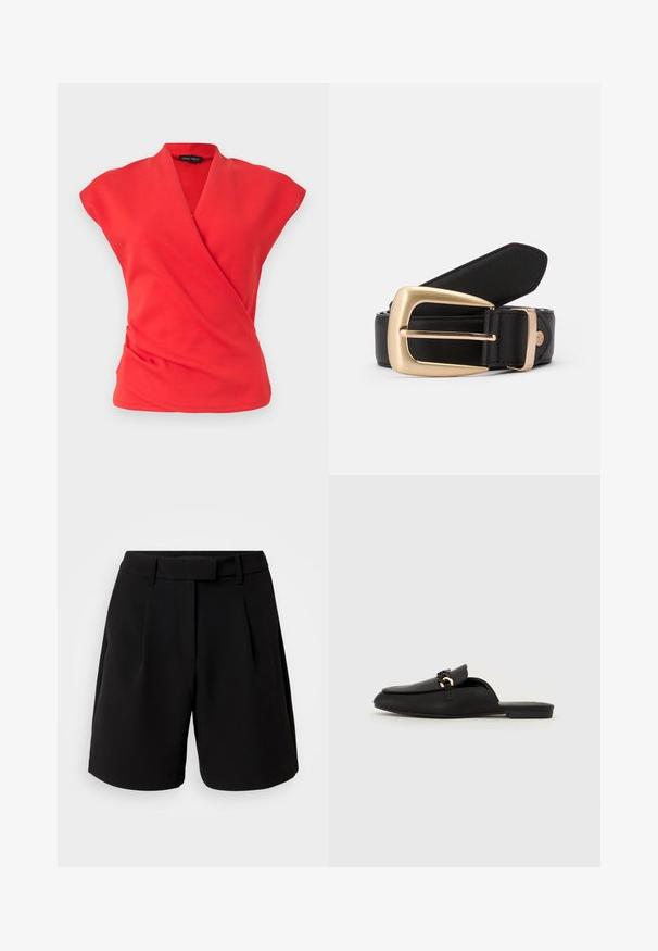 Rotes ärmelloses Wickeltop mit V-Ausschnitt und leicht gerafftem Stoff an der Taille, auf einem einfachen hellen Hintergrund präsentiert.; Schwarze maßgeschneiderte Shorts aus glattem Stoff, mit hoher Taille, Falten, Gürtelschlaufen und Seitentaschen, in einem klaren Design.; Schwarze Slippers aus glattem Leder. Mit runder Zehenpartie, einem dekorativen geflochtenen Riemen und einem kleinen goldenen Akzent. Flache Sohle.; Schwarzer Ledergürtel mit einer goldenen rechteckigen Schnalle. Der Gürtel hat eine glatte Textur und eine dezente Naht entlang der Kanten.