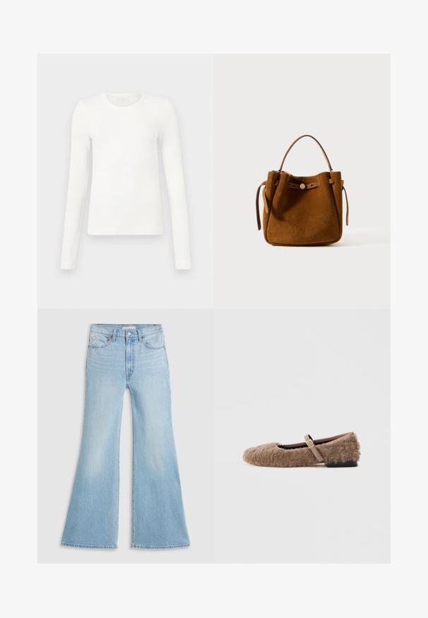 Weißes, langärmliges, geripptes Oberteil mit Rundhalsausschnitt, das eine taillierte Passform und glatte Textur aufweist, geeignet für Lagenlooks oder legere Outfits.; Helle blaue Schlagjeans mit hoher Taille, aus Denim gefertigt. Sie verfügen über ein klassisches Fünf-Taschen-Design und einen rohen Saum an den Säumen.; Braune, flauschige flache Schuhe mit einem Mary-Jane-Riemen und goldener Schnalle. Weicher Stoff, quadrate Zehenpartie und niedriger Blockabsatz. Glattes Innenfutter.; Braune Wildleder-Handtasche mit strukturierter Form, ausgestattet mit einem oberen Griff, verstellbaren seitlichen Riemen und einem kleinen Knopf-Detail an der Vorderseite.