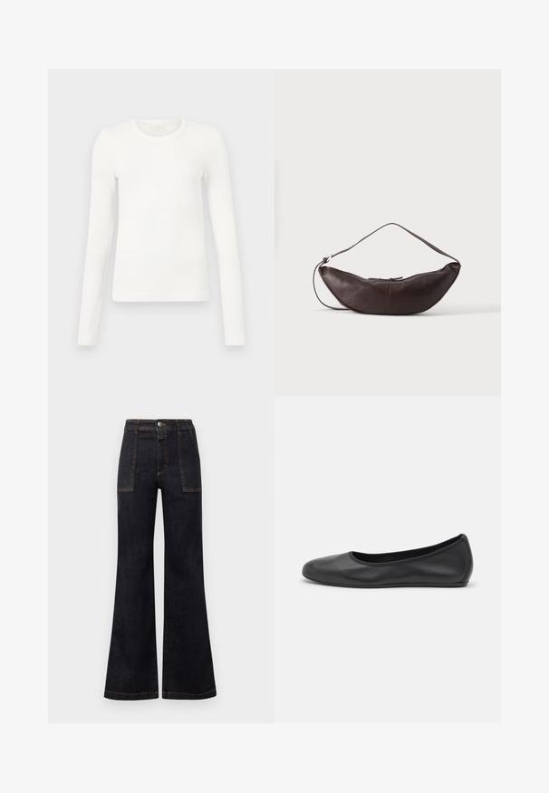 Hvid langærmet ribbet top med rund halsudskæring, der har en tætsiddende pasform og glat tekstur, velegnet til lag-på-lag eller afslappet brug.; Bredde mørk denim jeans med høj talje, der har orange syninger og to forlommer. Glat tekstur, ren finish, klassisk design.; Sort læderballetsko med rund tå, glat tekstur, minimal syning og et fleksibelt såldesign.; Mørkebrun læder skuldertaske i halvmåneform med buet rem og synlige syninger på ensfarvet baggrund.