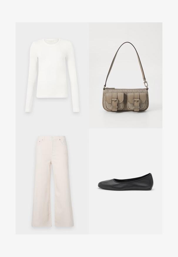 Haut à manches longues blanc en rib à col rond, avec une coupe ajustée et une texture lisse, idéal pour le superposition ou un look décontracté.; Pantalons en denim beige clair à jambes larges, taille haute, avec cinq poches et une fermeture à bouton à l'avant. Texture lisse, détails de couture minimalistes.; Ballerines en cuir noir avec un bout rond, texture lisse, détails de couture minimalistes et design de semelle flexible.; Sac à main beige avec accents de double boucle, surface texturée, fermeture éclair et une sangle réglable unique. Comprend un détail de logo sur le devant.