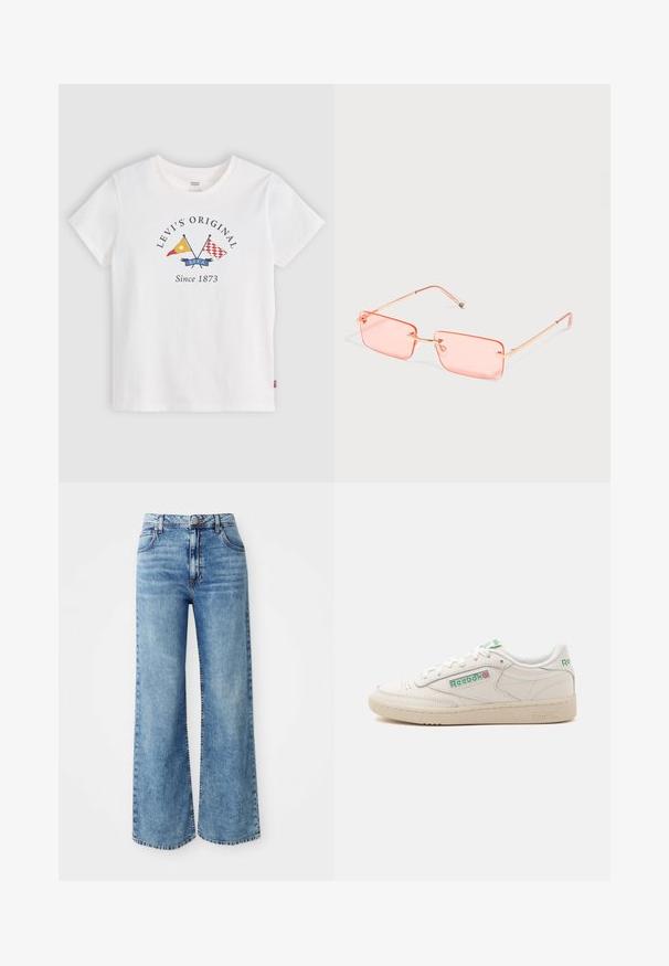 Wit Levi's T-shirt met korte mouwen, gekruiste gele en rode vlaggen en tekst "Levi's Original Since 1873" voor midden.; Lichtblauwe denim wijde broek met een hoge taille, voorzien van vijf zakken, sluiting met bovenste knop en contrasterende stiksels langs de naden.; Witte lage Reebok sneaker met groen logo, veters en beige zool, getoond vanaf de binnenkant op een effen achtergrond.; Rechthoekige roze getinte randloze zonnebril met dunne gouden metalen pootjes en verstelbare neuspads op een effen lichte achtergrond.