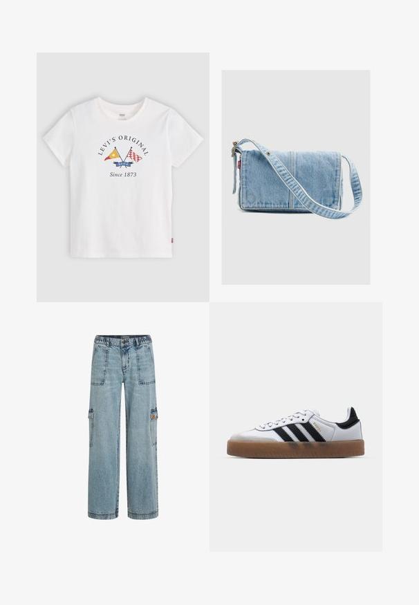 Biele tričko s krátkym rukávom Levi's s prekríženými žltými a červenými vlajkami a textom "Levi's Original Since 1873" v strede vpredu.; Svetlomodré denimové cargo nohavice s elastickým pásom, dvoma prednými vreckami a bočnými vreckami. Voľný strih s rovnými nohavicami.; Biele kožené tenisky s čiernymi pruhmi, gumová podrážka, okrúhla špička, šnurovanie a mäkký sivý semišový špička.; Svetlomodrá denimová kabelka cez rameno s nastaviteľným popruhom a červenou Levi's značkou na ľavej strane, na jednoduchom svetlosivom pozadí.