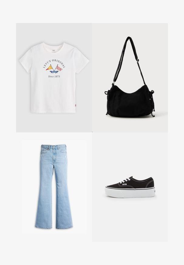 Λευκό κοντομάνικο T-shirt Levi's με σταυρωτές κίτρινες και κόκκινες σημαίες και το κείμενο "Levi's Original Since 1873" στο κέντρο μπροστά.; Ανοιχτό γαλάζιο τζιν παντελόνι με καμπάνα, κατασκευασμένο από τζιν ύφασμα, με ψηλή μέση, διακριτικό ξεθώριασμα, φθαρμένες λεπτομέρειες και τυπικό σχέδιο πέντε τσεπών.; Μαύρο καστόρινο αθλητικό παπούτσι με λευκή καουτσούκ πλατφόρμα, που διαθέτει λευκές κορδόνες και ραφές, εμβληματική σήμανση στο πλάι, σε χαμηλό σχεδιασμό.; Μαύρη καπιτονέ τσάντα ώμου με καμπυλωτό σχήμα, ρυθμιζόμενο λουρί και κλείσιμο με κορδόνια και στις δύο πλευρές για ρύθμιση μεγέθους.