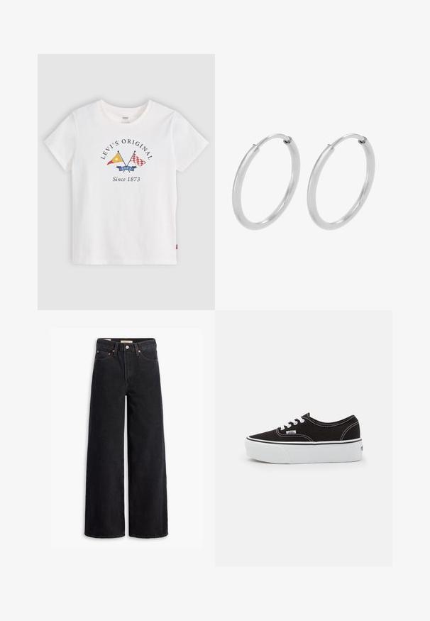 Hvid Levi's T-shirt med korte ærmer med korsede gule og røde flag og teksten "Levi's Original Since 1873" på frontens midte.; Sorte brede benjeans lavet af denim, med fem lommer, kobbernitter og en klassisk knaplukning. Glat tekstur med et rent design.; Sort lærred sneakers med en hvid gummi platform sål, der har hvide snørebånd og syninger, ikonisk branding på siden, lav-top design.; Sølv hoops øreringe, cirkulær form, glat skinnende tekstur og ensartet bredde hele vejen igennem. Minimalistisk design uden yderligere accenter.