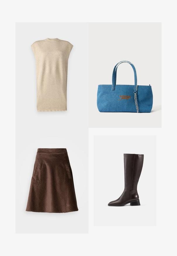 Beži sleeveless top kõrge kaelusega, valmistatud pehmest, tekstuuriga kangast. Omab lõdvaist ja siledat pinda.; Pruunist korduroo seelikust, millel on laienev vorm, tekstuuriga pind, diagonaalsed sooned ja kaks küljetaskut.; Põlvikud pruunist nahast, ulatudes põlvedeni, siledaga viimistlusega, ümarate varvastega ja musta kiilukontsaga. Lihtne disain koos minimaalsete riistvaradetailidega.; Denim-kangaskott keskmises sinises toonis, kahel tugevast sangast, ketti meenutava detaili ja oranži tikandiga "tommy jeans" logoga. Lihtne ja kandiline kuju.