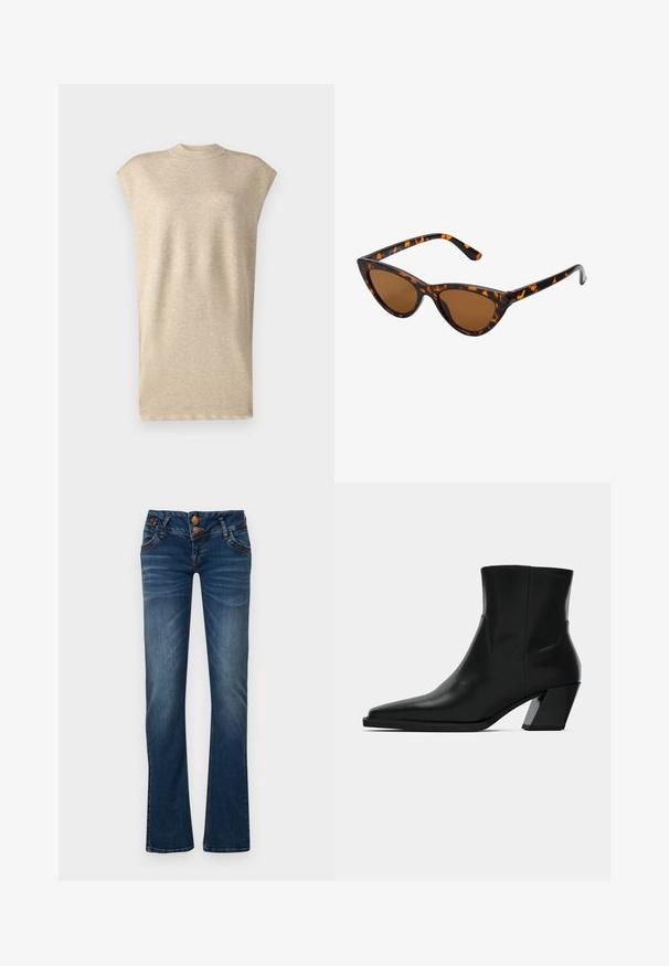 Beži sleeveless top kõrge kaelusega, valmistatud pehmest, tekstuuriga kangast. Omab lõdvaist ja siledat pinda.; Tumedad sinise bootcut teksad, kus on kaks esist nuppu, viis taskut ning õrn fade-reklaam reitel ja põlvili.; Must must jalatsid mustast nahast, terava ninaga, stiilne siluett ja jäme ruudukujuline konts. Sile tekstuur, millel on minimaalsed õmblemise detailid.; Kassi vormiga prillid musta ja oranži kilpkonnakujulise raami, pruunide läätsede ja elegantsete teravate otstega. Templi juures on minimaalne logo.