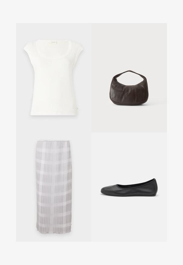 T-shirt blanc à manches courtes en coton doux. Présente un col rond et une coupe décontractée. Étiquettes attachées à l'arrière.; Jupe longue et transparente en blanc avec un motif à carreaux gris. Tissu doux et léger avec une taille élastique, se terminant à la longueur de la cheville.; Ballerines en cuir noir avec un bout rond, texture lisse, détails de couture minimalistes et design de semelle flexible.; Petit sac à main marron foncé texturé avec une courte bandoulière et un fond arrondi sur un fond clair uni.