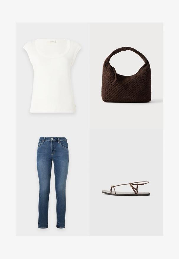Weißes kurzärmliges T-Shirt aus weicher Baumwolle. Mit rundem Halsausschnitt und lockerer Passform. Etiketten an der Rückseite angebracht.; Dunkelblaue Skinny Jeans aus Denim mit normalem Bund, fünf Taschen und dezentem Ausbleichen im Oberschenkelbereich. Mit genähten Nähten abgeschlossen.; Braune Leder-Sandale mit dünnen Riemen, einem goldenen, runden Akzent und einer flachen Sohle. Minimalistisches Design mit einem verstellbaren Schnallen-Detail.; Braune gewebte Handtasche mit rundem Griff, gefertigt aus strukturiertem Material. Verfügt über einen Reißverschluss und ein kleines Logo-Detail.
