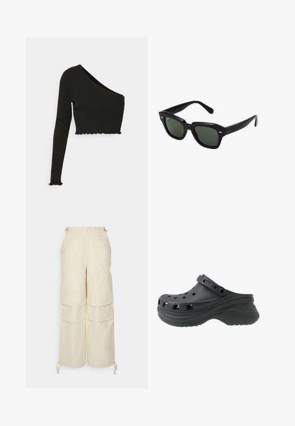 Monki Langarmshirt - black; WRSTBHVR ZERA PANTS EGGSHELL WOMEN - Stoffhose - off white; Schwarze Clogs mit perforierten Seitenlöchern aus leichtem Kunststoffmaterial. Mit einem Fersenriemen und einer strukturierten Sohle.; Schwarze quadratische Sonnenbrillen mit dunkelgrünen Gläsern, ausgestattet mit markanten Rahmen und silbernen Akzenten an den Seiten. Hergestellt in Italien.
