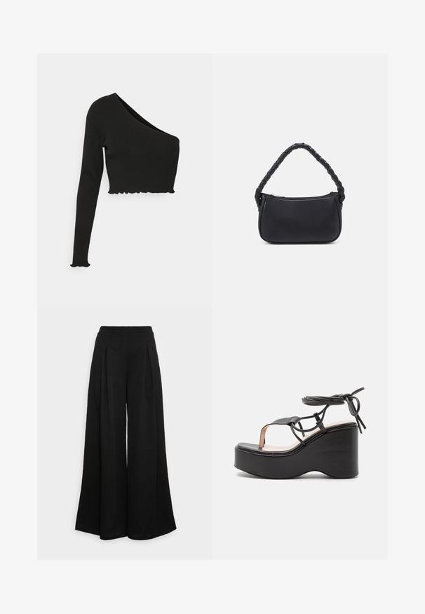 Monki Camiseta de manga larga - black; Pantalones negros de pierna ancha hechos de una tela suave, con pliegues frontales y una cintura alta, que garantizan una silueta fluida.; RAID LUCIENNE - Sandalias de tacón - black; Bolso negro de forma redondeada, hecho de material liso. Presenta un asa trenzada y un cierre de cremallera para un almacenamiento seguro.