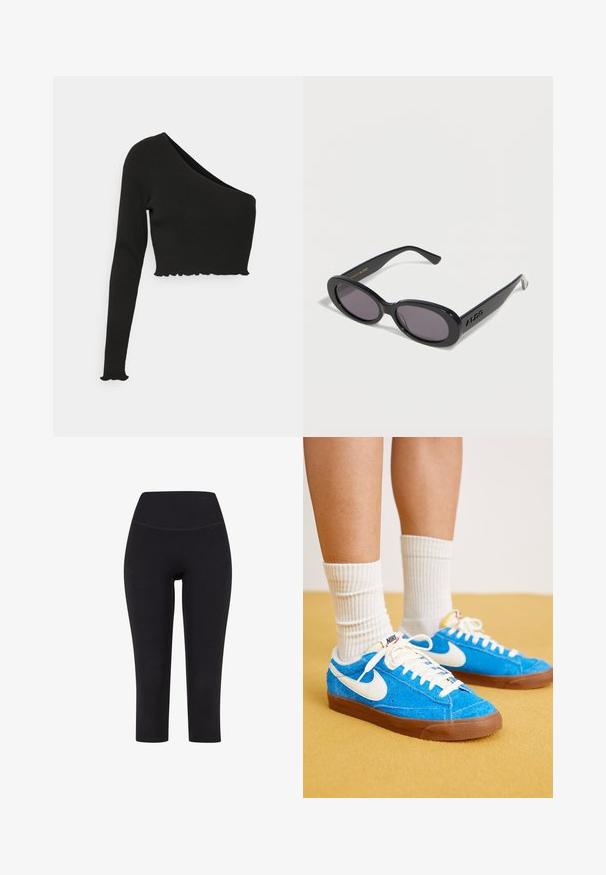 Monki Top s dlhým rukávom - black; Čierne legíny s dĺžkou po členky vyrobené z elastického materiálu, s vysokým pásom a bez viditeľných vzorov alebo kovania.; Modré semišové tenisky Nike s bielymi akcentmi, plochými šnúrkami a hnedými gumovými podrážkami, doplnené o rebrové biele ponožky.; Čierne oválne slnečné okuliare s tmavými tónovanými sklami a logom ALDO na straniciach, zobrazené na svetlom pozadí.