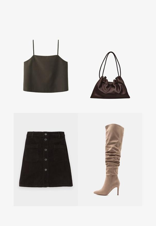 Zwart cropped camisoleshirt met dunne schouderbandjes, rechte halslijn en eenvoudige, gladde stoftextuur.; Bruine corduroy A-lijn rok met een knoopsluiting aan de voorkant, twee voorzakken en geweven verticale strepen. Standaard tailleband met lussen voor een riem.; Beige faux suede over-the-knee laars met slouchy ontwerp, puntige neus en een 10 cm hoge stilettohak. Gladde textuur en minimalistische stijl.; Zachte donkerbruine leren handtas met een slungelige vorm en twee dunne schouderbandjes tegen een witte achtergrond.