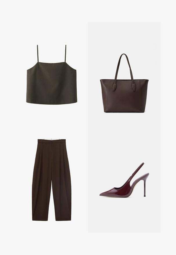 Sort cropped camisole top med tynde skulderstropper, lige udskæring og enkel, glat stoftekstur.; Brune højtaljede bukser med folder, lavet af glat stof. Løs pasform, straight leg design, med bæltestropper og lynlås.; Bordeauxfarvet slingback hæl i lakeret læder med spids tå, slankt stiletto-hæl og buet udskæring i siderne. Glat tekstur.; Brun læder tote taske med to top hændler, rektangulær form, minimalistisk design og syning detalje langs kanterne.