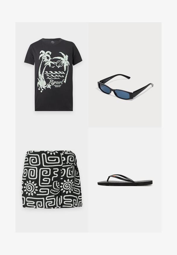 Camiseta negra con gráfico blanco de palmeras, olas, un pájaro, una tabla de surf y el texto "Rip Curl Quality Surf Products" en el frente.; Falda de tela negra con patrones abstractos en blanco, que incluyen espirales y motivos de sol, con cierre lateral con lazo y un corte relajado.; Chanclas negras con suela plana, que presentan correas delgadas y una plantilla texturizada. Pequeño logo en la correa. Diseño simple y minimalista.; Gafas de sol negras con una elegante montura rectangular y lentes azules. Presentan una textura suave y varillas resistentes. Logo de la marca en el costado.
