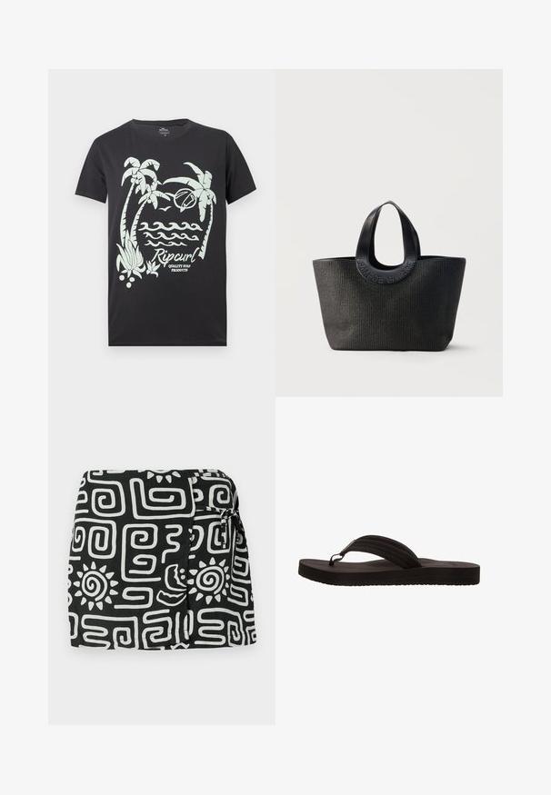 Camiseta negra con gráfico blanco de palmeras, olas, un pájaro, una tabla de surf y el texto "Rip Curl Quality Surf Products" en el frente.; Falda de tela negra con patrones abstractos en blanco, que incluyen espirales y motivos de sol, con cierre lateral con lazo y un corte relajado.; Chancla negra con suela de goma, que presenta un diseño de sola tira con tres ranuras horizontales. Textura plana y suave sin patrones adicionales.; Bolsa tote negra texturizada con asas anchas y redondeadas que presenta el nombre de la marca en relieve "Samsøe Samsøe" sobre un fondo neutro.