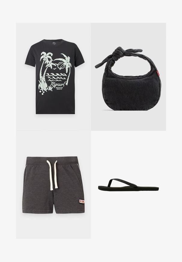 Zwart T-shirt met witte afbeelding van palm bomen, golven, een vogel, een surfplank en de tekst "Rip Curl Quality Surf Products" op de voorkant.; Donkergrijze gebreide shorts met witte trekkoord, elastische tailleband, zijzakken en een kleine Rip Curl-logo patch aan het rechteronderbeen.; Zwarte flip-flops met een gestructureerde band en platte zool. De band heeft een subtiele glans. Eenvoudig ontwerp, lichtgewicht en flexibele vorm.; Kleine zwarte denim schoudertas met een gestrikte riem en ritssluiting, met een rood Levi's stoffen label aan de zijkant.