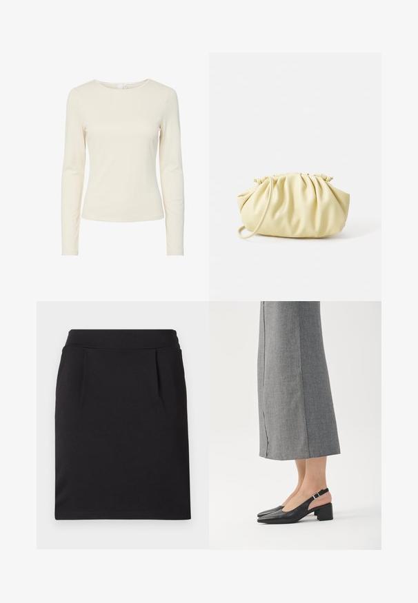 Chemise ajustée à manches longues de couleur crème, avec un col rond et une texture lisse, présentée sur un fond blanc.; Jupe crayon noire longueur genou avec une large ceinture et de subtils plis devant, faite en tissu lisse.; Chaussures slingback en cuir noir avec bout pointu, talon bloc et accent de talon rose contrastant. Texture lisse avec un design minimaliste.; Sac à main plissé jaune en simili cuir lisse, arborant une forme douce avec une bandoulière unique et un design froncé sur le dessus.