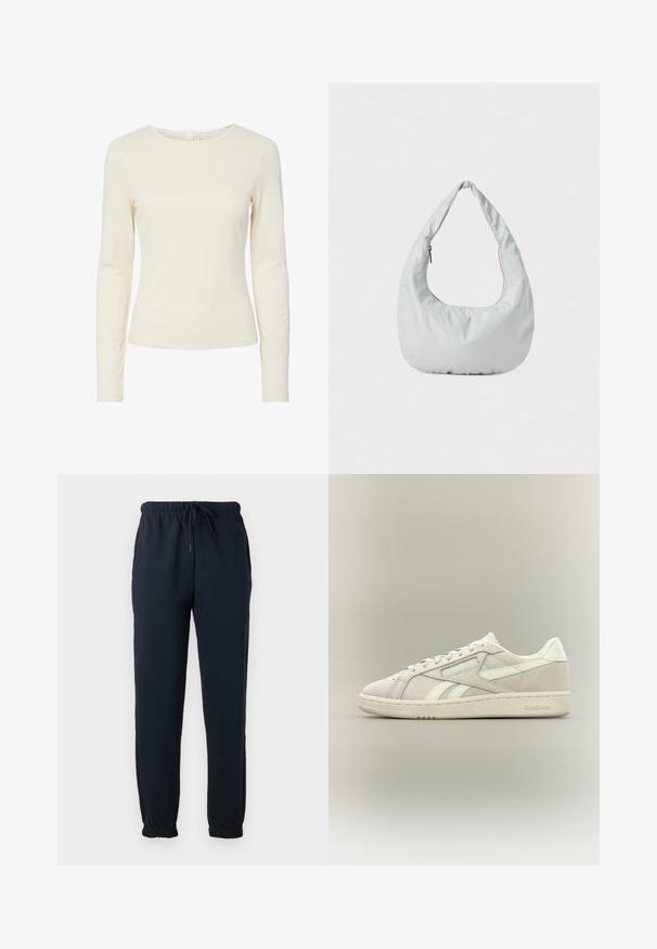 Chemise ajustée à manches longues de couleur crème, avec un col rond et une texture lisse, présentée sur un fond blanc.; Pantalon de survêtement noir avec taille élastique, cordon, poches latérales et poignets élastiques aux chevilles.; Baskets basses Reebok blanc cassé avec lacets à l'avant, semelle texturée et logo Reebok discret sur le côté et au talon sur fond uni.; Sac hobo doux, de couleur gris clair, fabriqué en matériau synthétique. Présente une poignée rembourrée unique et un compartiment zippé sur le côté.