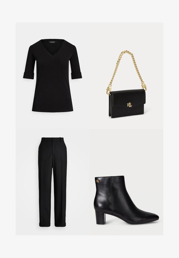 Must V-kaelusega t-särk, millel on kolmveerandvarrukad, üles keeratud mansetid ja sile kangapind. Sildil on kiri "LAUREN".; Polo Ralph Lauren HIGH RISE RELAXED STRAIGHT TROUSER - Püksid - black; Must musta nahkasaapad terava nina ja ploki kontsaga. Tagapool on kullavärvi logo detail. Sujuv tekstuur ja stiilne disain.; Väike must nahast käekott klapiga, ees kuldne RL logo ja lühike eemaldatav kuldne ketirihm.