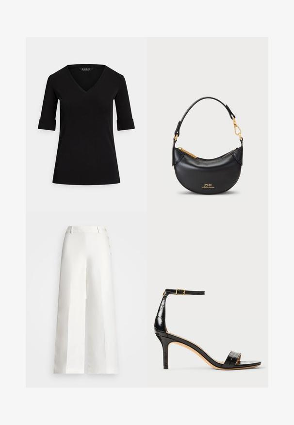 Zwart V-hals T-shirt met driekwartmouwen, voorzien van opgerolde manchetten en een gladde stoftextuur. Het label draagt de tekst "LAUREN".; Lauren Ralph Lauren BASHRALLE CROPPED FLAT FRONT - Broek - white; Zwarte gepatineerde leren hoge hakken sandaal met enkelbandje, spitse neus en gestructureerd krokodillenpatroon. Gouden hardwareaccent op de gesp.; Zwarte leren handtas met een ronde silhouet, metalen rits en een korte handgreep. Voorzien van gouden accenten en een geperst logo aan de voorkant.