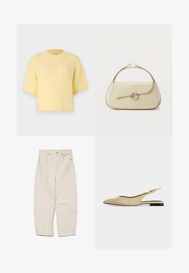Kortærmet, strikket gul sweater, afslappet pasform, rund halsudskæring, blød tekstur, ribbede kanter og en afslappet silhuet.; Beige bomulds brede bukser med høj talje, der har to forlommer og en enkelt knaplukning. Glat tekstur; ankellang.; Beige spids tå slingback flad sko med lav sort hæl og en glat læderfinish, vist fra siden på en ensfarvet baggrund.; Cremefarvet læderhåndtaske med buet klap, cirkulært sølvspænde og kort topstrop på en ens hvid baggrund.