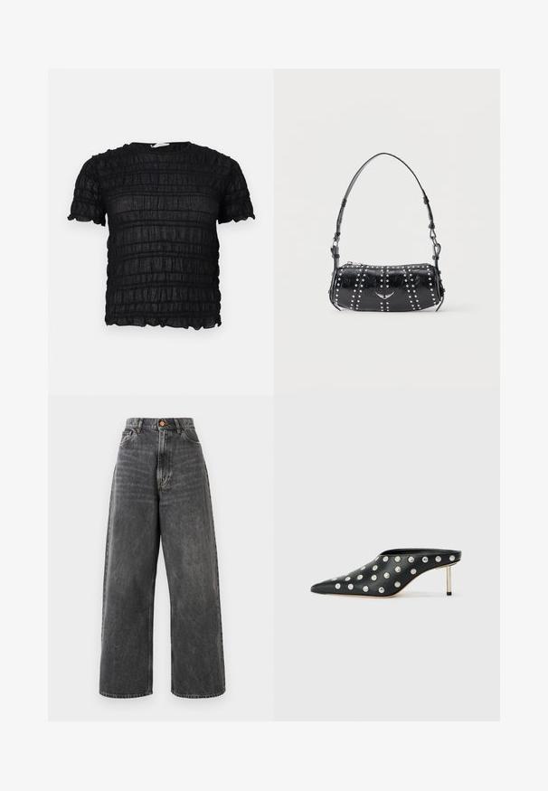 Sort kortærmet top med tekstureret, rynket stof og rund halsudskæring, med lette horisontale og vertikale mønstre.; Højtaljede, brede jeans i falmet sort denim med frontlommer, bæltesløjfer og kobberknaplukning.; STAND STUDIO KELSEY - Mules med hæl - black; Sort skuldertaske i laklæder med sølvnitter i lodrette rækker og et lille sølvfugleemblem midt på fronten.