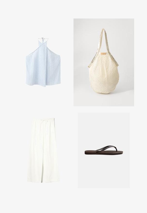 Haut sans manches bleu clair à fines rayures blanches verticales avec fermeture par nouage au niveau du cou.; Pantalon en lin blanc à jambes larges avec taille élastique et cordon de serrage, doté de poches latérales et d'une fente à l'avant.; Tongs marron en caoutchouc avec semelle texturée et fines lanières en forme de Y sur fond blanc uni.; Sac en filet couleur crème avec un design tissé texturé et des anses dorées brillantes. Une étiquette en cuir avec le logo de la marque est attachée en haut.