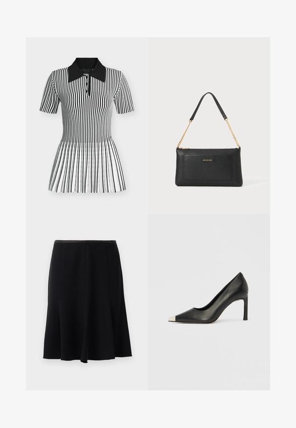 Polo de manga corta a rayas verticales en blanco y negro con cuello negro y botones delanteros, cintura ajustada y dobladillo acampanado.; Falda negra en línea A con una textura suave, que cuenta con una cinturilla y un diseño plisado para un movimiento fluido. Sin acentos ni patrones visibles.; Zapato de tacón alto de cuero negro con punta en forma de pico y una tapa metálica plateada. Presenta un acabado suave y un tacón delgado de 10 cm.; Clutch de cuero negro con textura de guijarro, correa de cadena dorada y un bolsillo frontal. Presenta un logo dorado en la parte delantera.