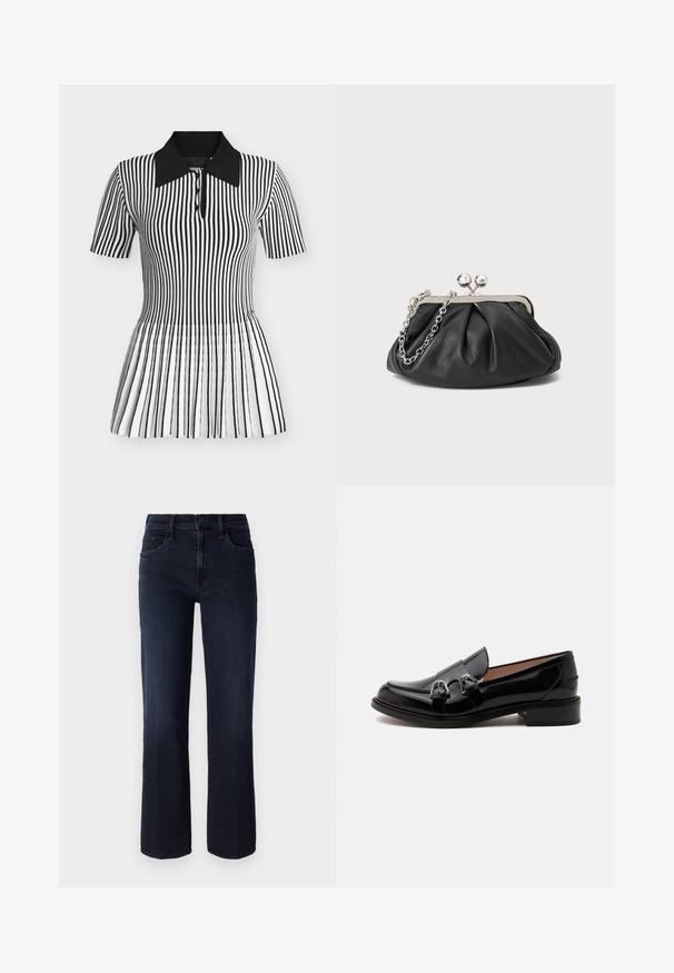 Zwart-wit verticaal gestreept poloshirt met korte mouwen, zwarte kraag en knopen aan de voorkant, aansluitende taille en uitlopende zoom.; Mother THE MID RISE RAMBLER - Straight leg jeans - dunkelblau; Zwarte glimmende leren loafer met dubbele zilveren gespen en lage hak, zijaanzicht op een witte achtergrond.; Zwarte leren clutch met geplooide textuur, zilverkleurig metalen frame, drukknopsluiting en kettingriem. Glad, zacht oppervlak.