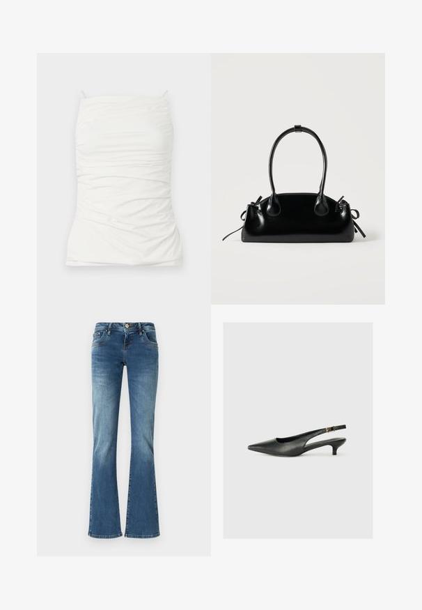 Weißes ärmelloses Top aus glattem Stoff, mit einer figurschmeichelnden Silhouette, Raffungen und verstellbaren Schulterträgern.; Schmal zulaufende Jeans aus Denim in Mittelblau mit kontrastierenden Nähten, fünf Taschen und einem klassischen Knopf- und Reißverschluss.; Schwarzer Slingback-Schuh mit spitzem Zehenbereich aus glattem Leder. Mit einem dünnen Absatz und einer dekorativen Schnalle am verstellbaren Riemen.; Kleine schwarze glänzende Handtasche mit zwei langen Griffen und seitlichen Kordelzug-Details vor einfachem hellem Hintergrund.