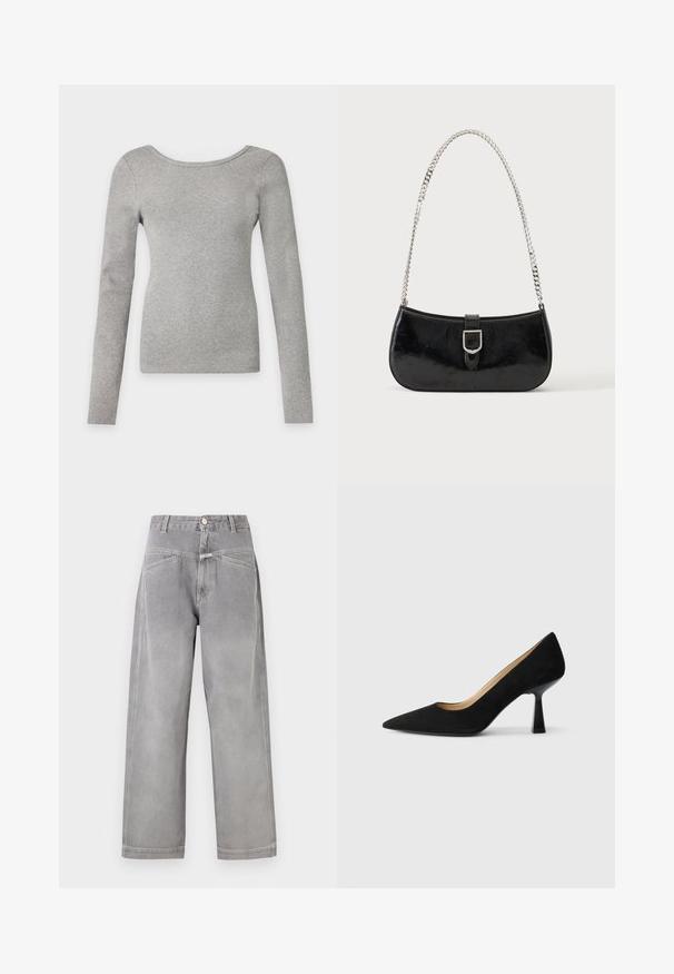 Pull en maille côtelée à manches longues, col rond, de couleur gris clair, avec une silhouette cintrée et des épaules sans coutures.; Jean denim gris à jambe large et taille haute avec poches avant, passants pour ceinture, fermeture à bouton et détails de couture visibles.; Pompe à talons hauts en suède noir avec un bout pointu, dotée d'un talon bloc noir brillant et d'une doublure intérieure lisse.; Sac à épaule en cuir verni noir avec détail de boucle argentée et bandoulière en chaîne argentée, présenté sur un fond uni clair.