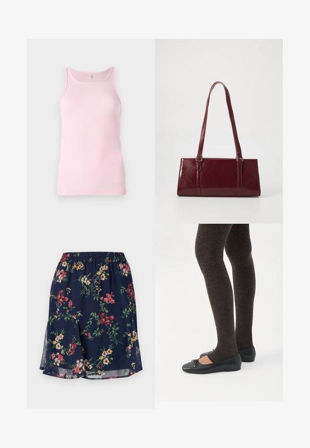 Débardeur rose à côtes avec un col rond et sans manches. La texture du tissu est lisse et ajustée, avec un ourlet net.; Jupe florale avec une taille élastique, présentant un fond marine orné de motifs floraux rouges, jaunes et verts. Tissu léger.; Jambes portant des leggings côtelés foncés associés à des ballerines noires avec de petits détails en nœud sur fond blanc.; Sac à main bordeaux en matériau brillant, de forme rectangulaire, avec deux anses et des accents légèrement courbés à l'avant.