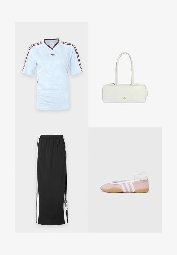 Camiseta de manga corta Adidas azul claro con tres franjas granate en los hombros y logo granate en el pecho, cuello en V con ribete granate.; Falda deportiva larga negra con paneles laterales blancos y franjas negras, cintura elástica y parche con el logo de Adidas cerca del dobladillo inferior.; adidas Originals TAEKWONDO MEI BALLET - Zapatillas - clear pink/ftwr white/gum; Bolso de cuero blanco con dos asas largas, forma rectangular, detalle de logotipo dorado y ribete azul claro en los bordes. Cierre con cremallera.