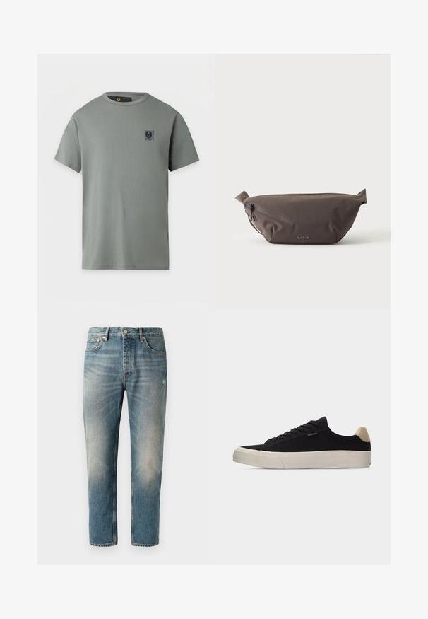 T-shirt gris clair à manches courtes et col rond avec un petit écusson logo rectangulaire noir et gris sur la poitrine gauche.; Jean en denim bleu clair avec une coupe droite. Comprend une fermeture à bouton, cinq poches, et des zones légèrement décolorées ainsi que des marques d'usure au niveau des cuisses.; Baskets basses noires avec languette beige au talon, semelle en caoutchouc blanche épaisse, lacets noirs et petite étiquette "PS Paul Smith" sur le côté.; Sac banane en tissu marron foncé avec poche zippée en diagonale et petit logo blanc sur le devant, sur un fond clair uni.
