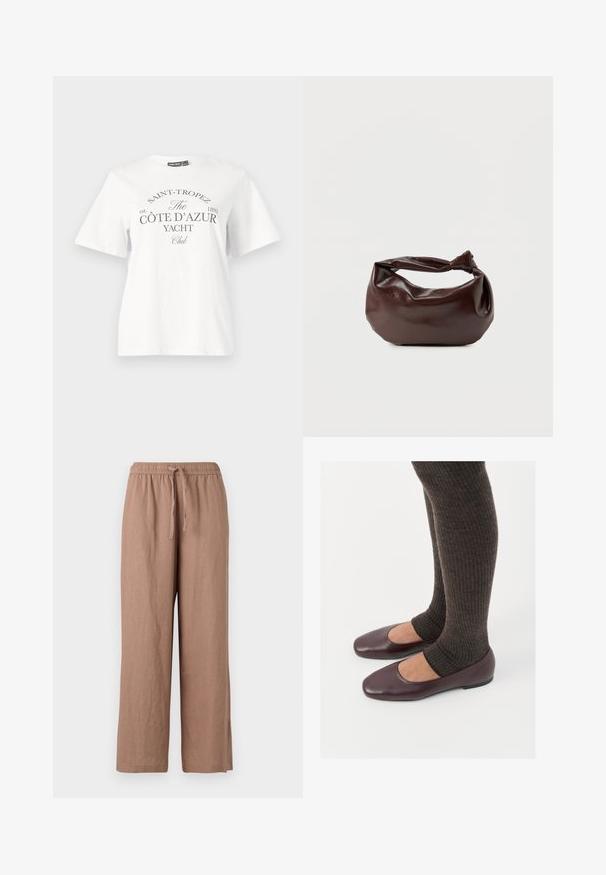 T-shirt en coton blanc avec des manches courtes, un col rond et une impression noire portant le texte "SAINT-TROPEZ CÔTE D’AZUR YACHT Club."; Pantalons larges en lin couleur marron clair avec une taille élastique et un cordon de serrage. Présente une texture lisse et une coupe au niveau des chevilles.; Ballerines en cuir verni bourgogne à bout carré, accompagnées de chaussettes en tricot côtelé marron foncé atteignant le molet.; Sac bandoulière en cuir marron foncé avec une forme souple et décontractée et une anse nouée torsadée sur un fond blanc uni.