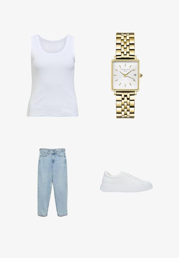 Weißes, ärmelloses Rippstrick-Top mit Rundhalsausschnitt und figurbetonter Passform.; Hellblaue High-Waist-Jeans aus Denim mit Vordertaschen, Gürtelschlaufen, Knopfleiste und verjüngten Beinen auf weißem Hintergrund.; Weiße Leder-Sneaker mit runder Zehenpartie, flachen Schnürsenkeln und einer dicken Gummisohle. Glatte Oberfläche mit minimalen Nähdetails.; Goldfarbene rechteckige Uhr mit einem strukturierten weißen Zifferblatt, einfachen Stundenmarkierungen, Datumsanzeige und einem passenden goldfarbenen Gliederarmband.
