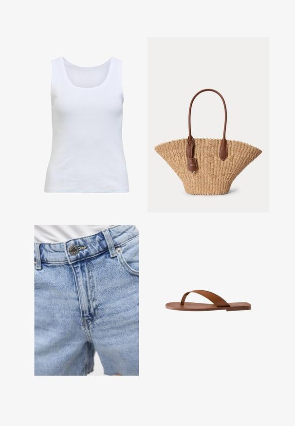 Witte geribbelde mouwloze tanktop met een ronde halslijn en een aansluitend silhouet.; Lichtblauwe denimshorts met een hoge taille, zichtbare stiksels, twee voorkanten zakken en metalen knoopsluiting. Gladde textuur.; Bruine platte sandaal met een enkele brede band over de voet en een teenstuk, zijaanzicht op een witte achtergrond.; Geweven strooien tote tas met brede waaiervorm en bruine leren handvatten en label, tegen een effen lichte achtergrond.