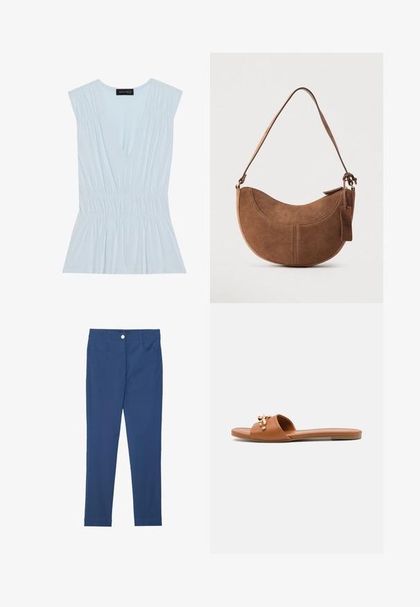 Haut bleu clair avec un décolleté en V profond, des épaules plissées et une taille froncée. Fabriqué en tissu doux avec un bas évasé. Logo sur l'étiquette.; Pantalons slim-fit bleus en mélange de coton, dotés d'un bouton frontal, d'une fermeture éclair, de deux poches et d'une texture lisse et propre.; Sandale plate marron avec une large bride, ornée d'un accent décoratif de couleur dorée. Texture lisse, design minimaliste et profil bas.; Sac à main en daim marron de forme courbée en demi-lune. Il est doté d'une bandoulière, d'une petite étiquette et de coutures visibles le long des bords.